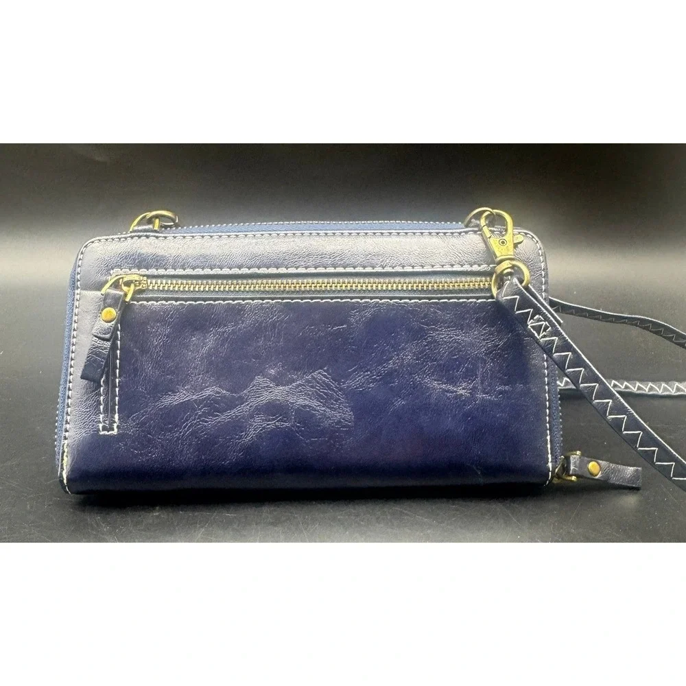 S Zone Blue Vegan Leather Crossbody Wallet Phone Bag Floral Button NEW